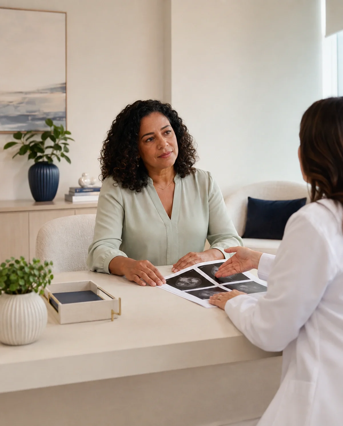 Paciente conversando com uma médica sobre seus exames de mama durante uma consulta de mastologia