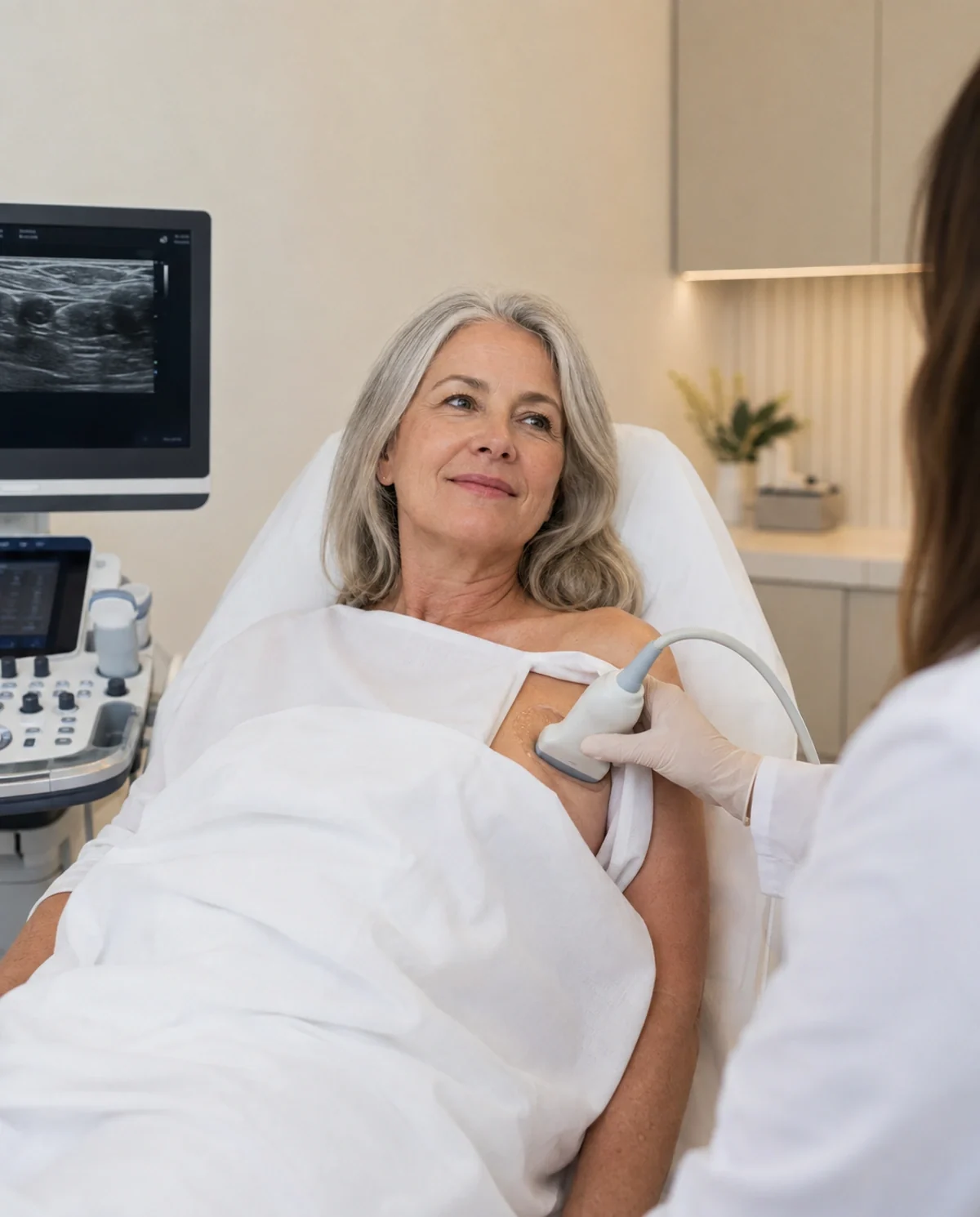 Mulher durante uma ultrassonografia mamária, com transdutor e aparelho de ultrassom